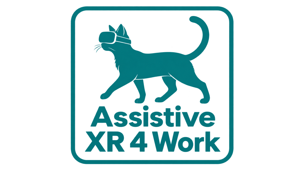 Logo - laufende Katze mit VR Brille mit Unterschrift: Assistive XR 4 Work