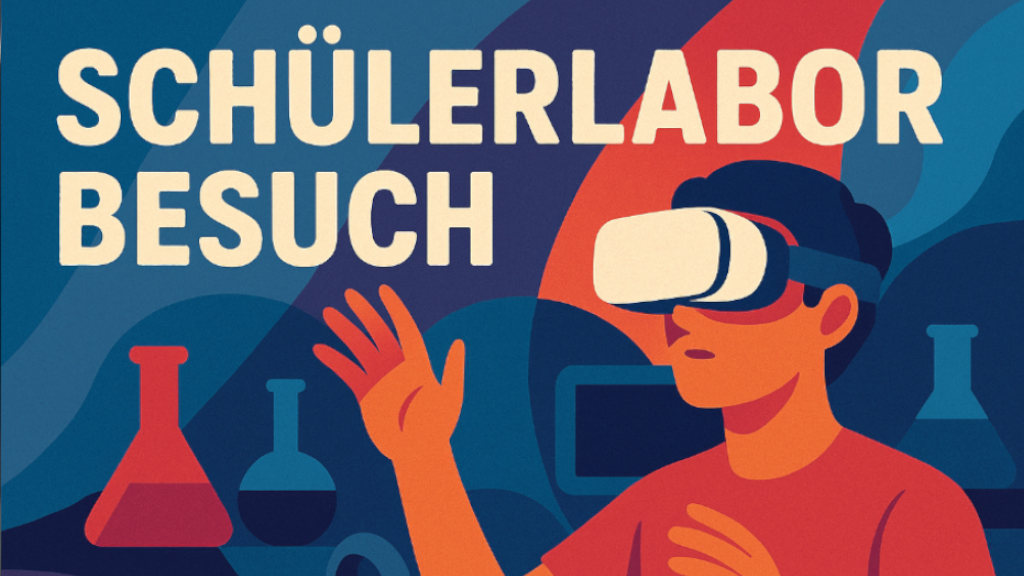 a boy with vr glasses, test tubes and a monitor in the background, abstract style, Caption: Schülerlabor Besuch