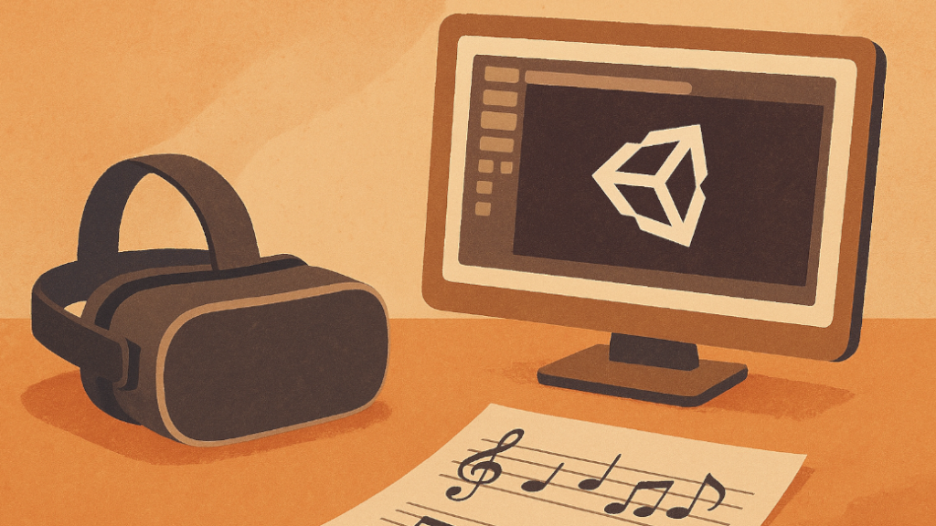Eine VR-Brille, ein Monitor mit dem Unity Symbol und ein Blatt mit Musiknoten auf einem Tisch.