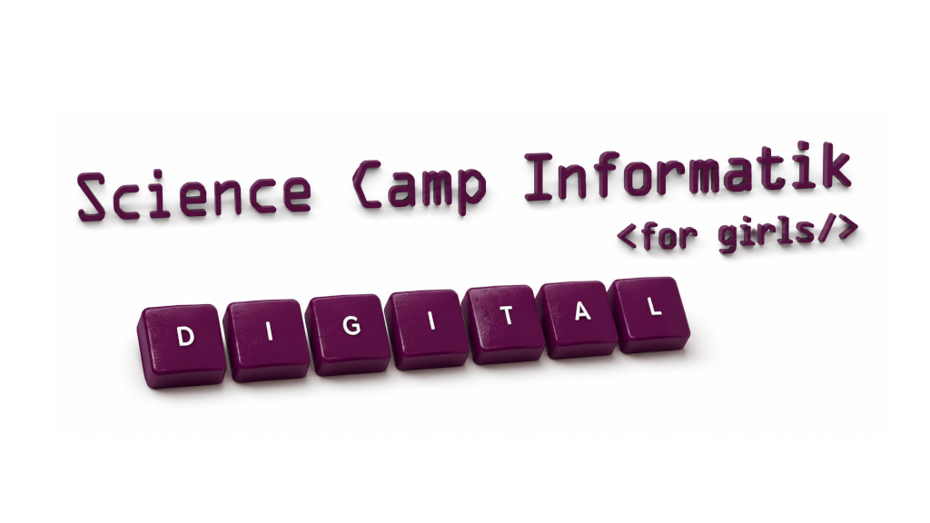 Logo: „Science Camp Informatik <for girls/>“ mit lila Tastenkappen, die „DIGITAL“ bilden.