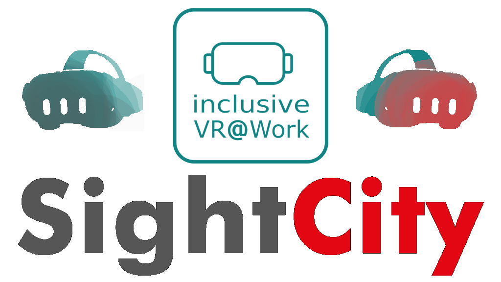 Logo mit zwei VR-Headsets und dem Text "inclusive VR@Work". Darunter "SightCity" in Grau und Rot.