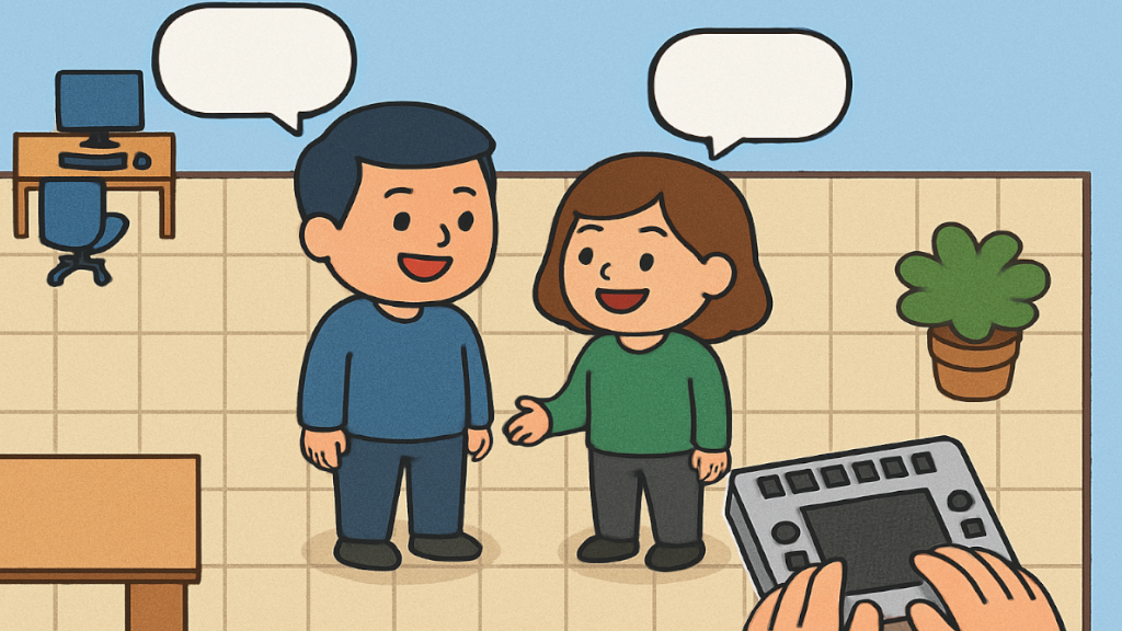 Zwei Personen reden in einer 2D stilisierten Office-Umgebung im Cartoon-stil miteinander. Unten rechts im Vordergrund sind zwei Hände an einem 2D taktilen Display zu sehen.