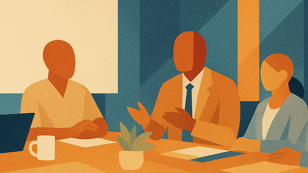 Dünne abstrakte Illustration einer Besprechung: drei Personen sitzen um einen Tisch mit Akten, Laptop und Blumentopf.