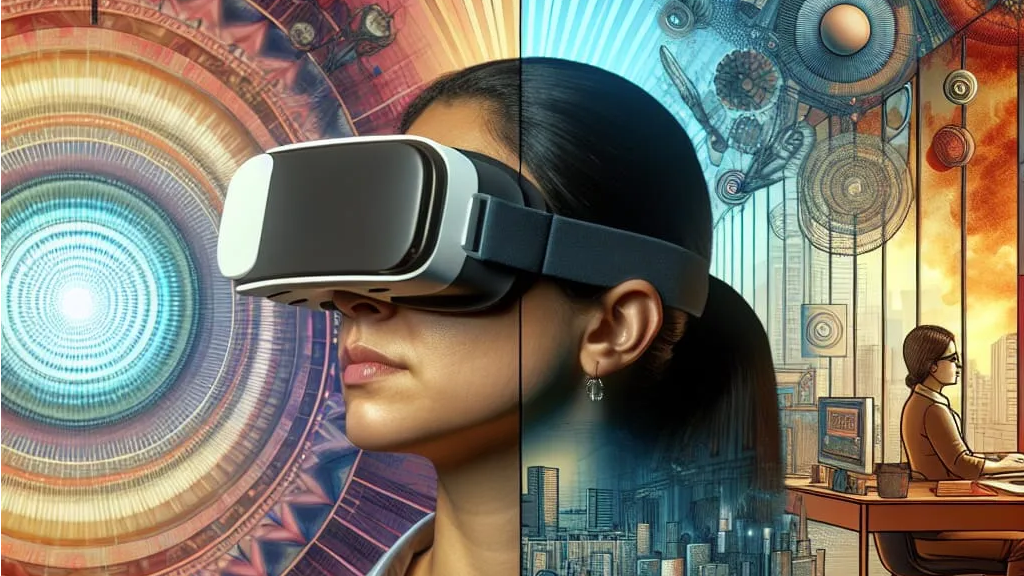 Eine Person mit VR-Brille zwischen zwei Welten. Links eine abstrakte Welt und rechts in einem Büro in einer Großstadt.