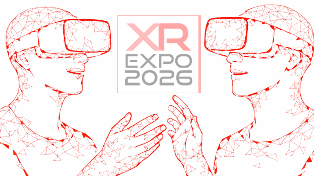 Zwei abstrakte Personen mit Virtual-Reality-Brillen, die sich unterhalten, ein XR Expo 2026 Logo zwischen ihnen.